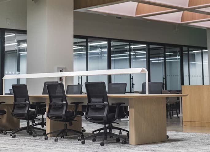 A bright office interior with meeting space